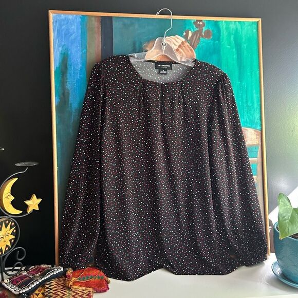 Liz Claiborne Women’s Size Medium Black White Dotted Keyhole Pullover Blouse - Picture 12 of 14